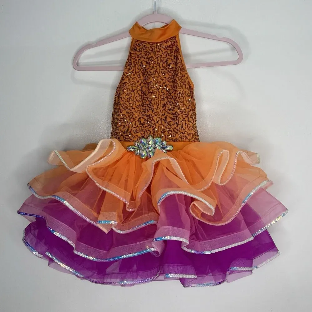 Weissman Orange Dance Costume IC Lets Fly Sequins Jewel Curly Hem Tricot Skirt